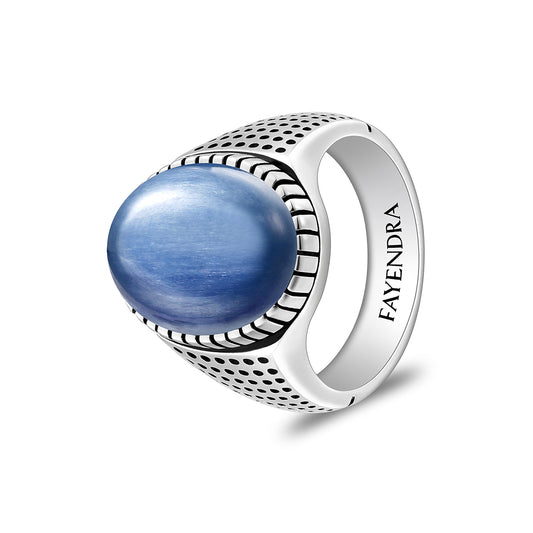Sterling Silver 925 Ring Rhodium And Black Plated Embedded With Cabochon Natural Kyanite For Men