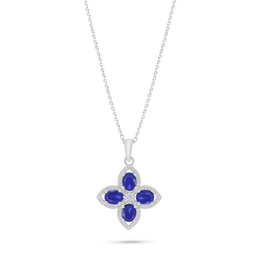 Sterling Silver 925 Necklace Rhodium Plated Embedded With Sapphire Corundum And White Zircon