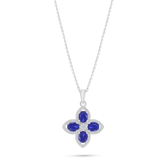 Sterling Silver 925 Necklace Rhodium Plated Embedded With Sapphire Corundum And White Zircon