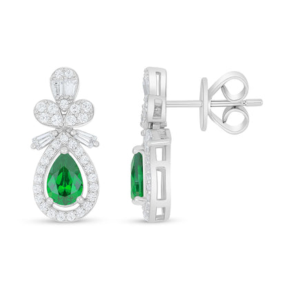 Sterling Silver 925 Earring Rhodium Plated Embedded With Emerald Zircon And White Zircon