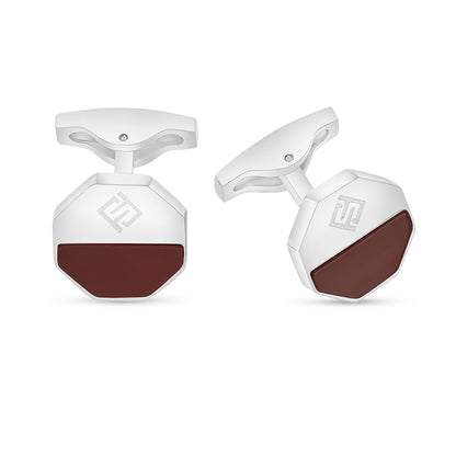 Stainless Steel Cufflink 316L Embedded With Red Agate Shiny Steel