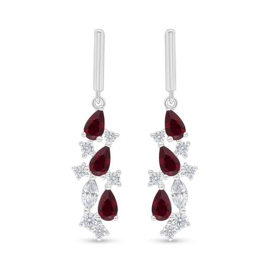 Sterling Silver 925 Earring Rhodium Plated Embedded With Ruby Corundum And White Zircon