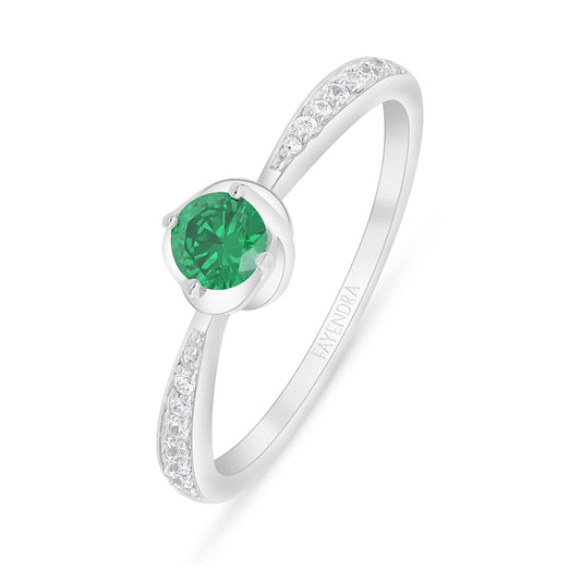 Sterling Silver 925 Ring Rhodium Plated Embedded With Emerald Zircon And White Zircon
