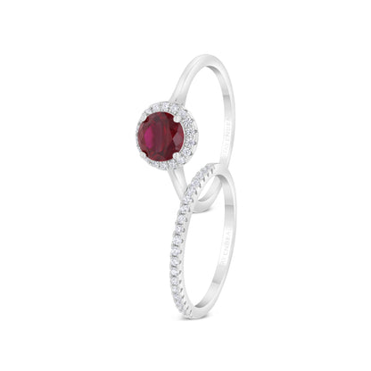 Sterling Silver 925  Ring (Twins) Rhodium Plated Embedded With Ruby Corundum And White CZ