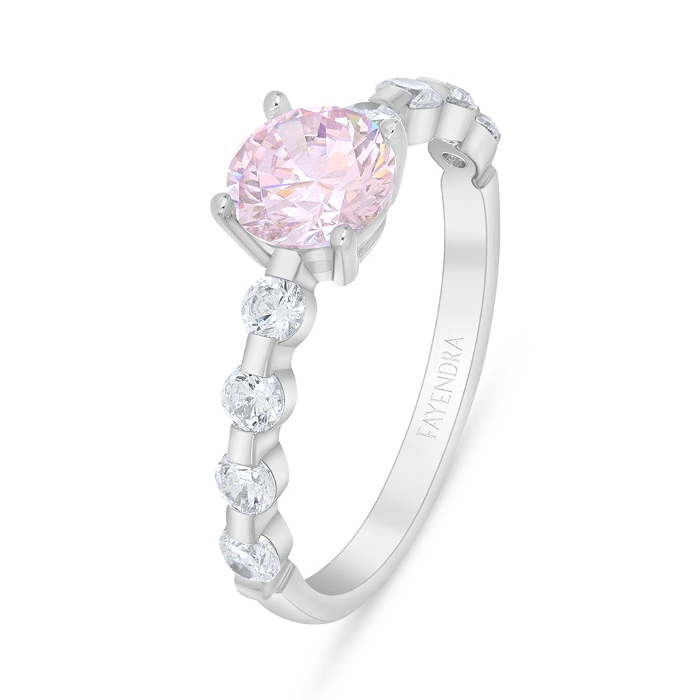 Sterling Silver 925 Ring Rhodium Plated Embedded With Pink Zircon And White Zircon