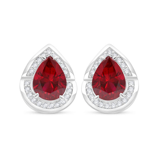 Sterling Silver 925 Earring Rhodium Plated Embedded With Ruby Corundum And White Zircon