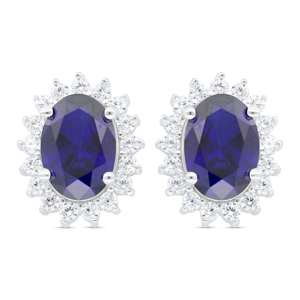 Sterling Silver 925 Earring Rhodium Plated Embedded With Sapphire Corundum And White Zircon