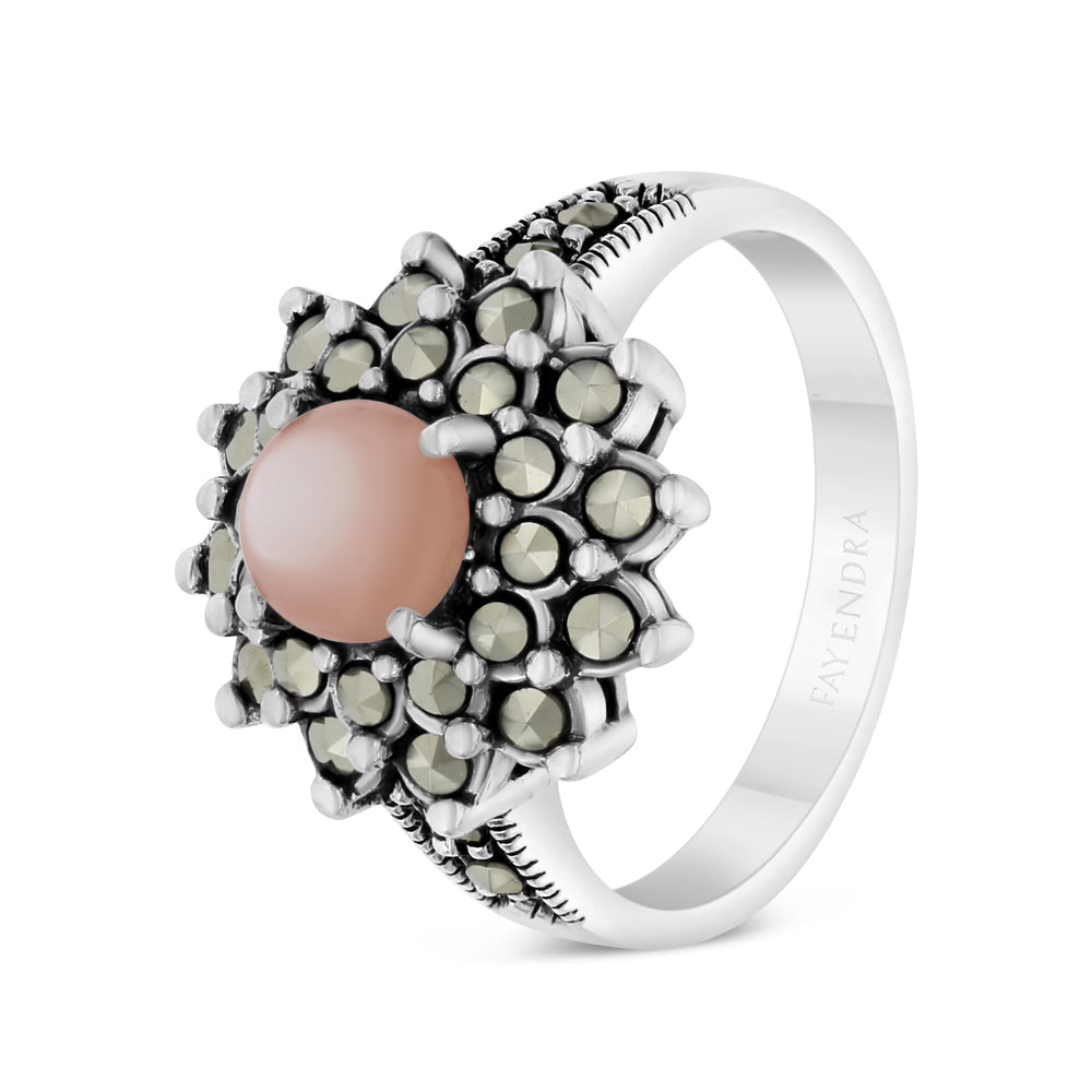 Sterling Silver 925 Ring Embedded With Natural Pink Shell And Marcasite Stones