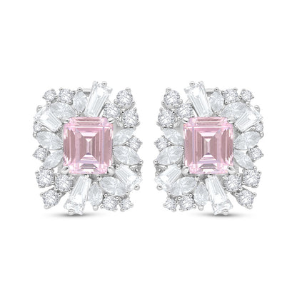 Sterling Silver 925 Earring Rhodium Plated Embedded With pink Zircon And White Zircon