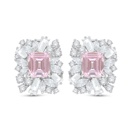 Sterling Silver 925 Earring Rhodium Plated Embedded With pink Zircon And White Zircon