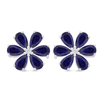 Sterling Silver 925 Earring Rhodium Plated Embedded With Sapphire Corundum And White Zircon