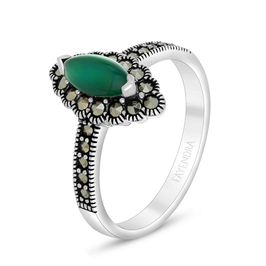 Sterling Silver 925 Ring Embedded With Natural Green Agate And Marcasite Stones