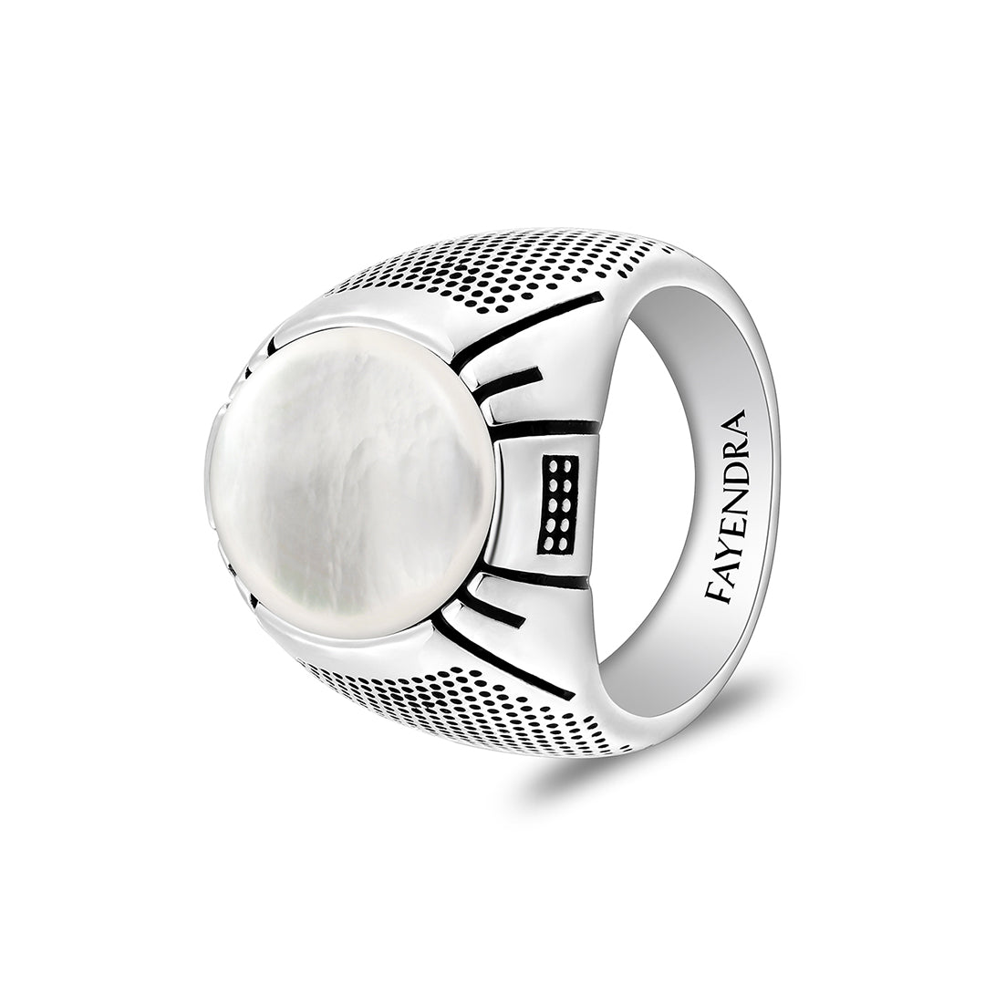 Sterling Silver 925 Ring Rhodium And Black Plated Embedded With Cabochon White Shell For Men
