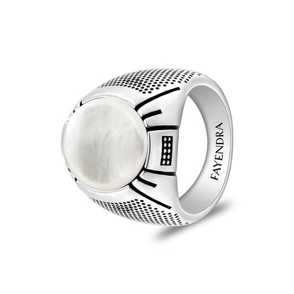 Sterling Silver 925 Ring Rhodium And Black Plated Embedded With Cabochon White Shell For Men