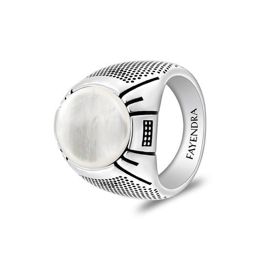Sterling Silver 925 Ring Rhodium And Black Plated Embedded With Cabochon White Shell For Men