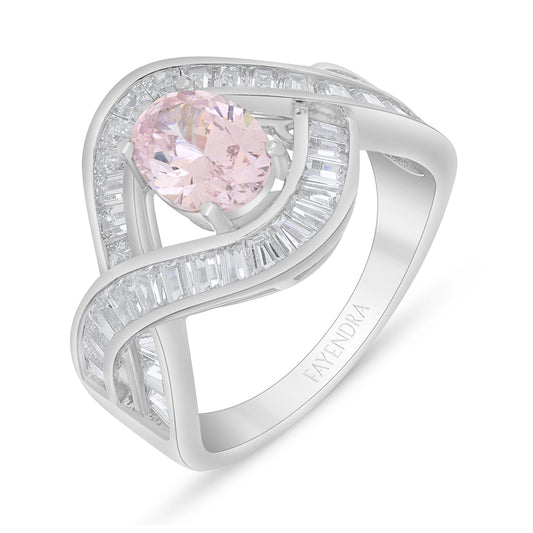 Sterling Silver 925 Ring Rhodium Plated Embedded With Pink Zircon And White Zircon