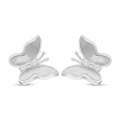 Sterling Silver 925 Earring Rhodium Plated Embedded With White Shell And White Zircon