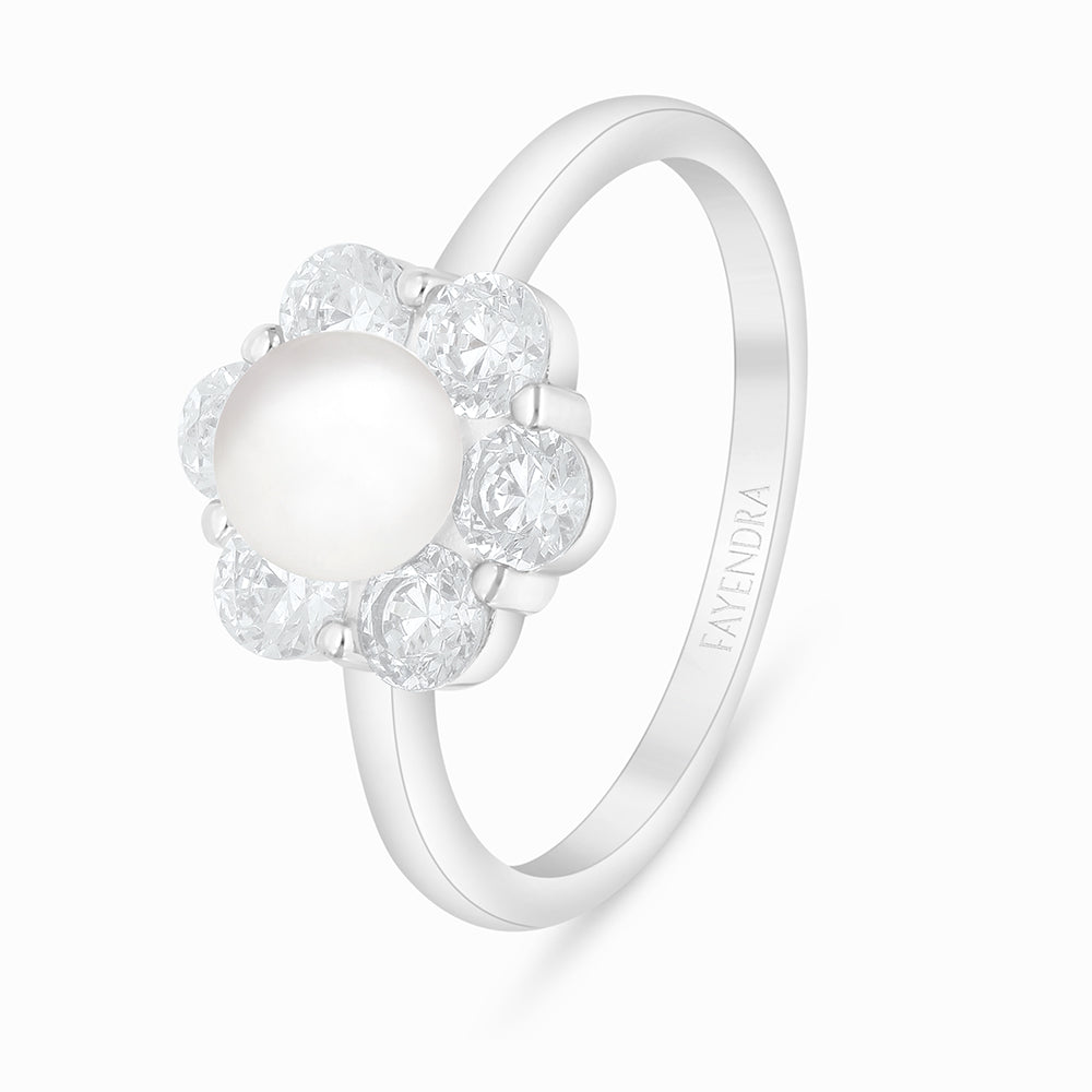 Sterling Silver 925 Ring Rhodium Plated Embedded With Natural White Pearl And White Zircon