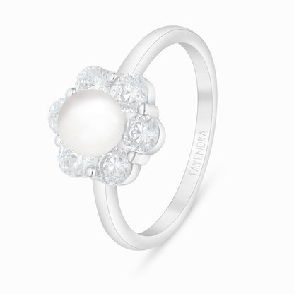 Sterling Silver 925 Ring Rhodium Plated Embedded With Natural White Pearl And White Zircon