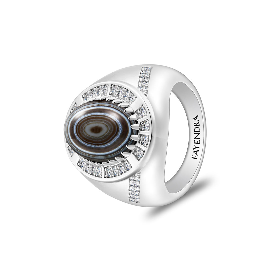 Sterling Silver 925 Ring Rhodium Plated Embedded With Cabochon Aqeeq Soleimani And White Zircon For Men