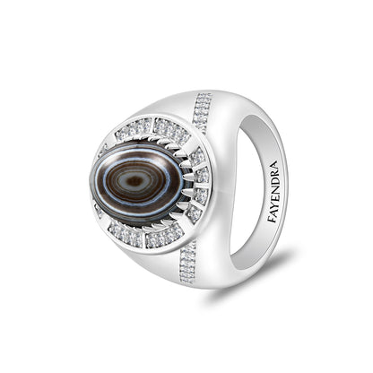 Sterling Silver 925 Ring Rhodium Plated Embedded With Cabochon Aqeeq Soleimani And White Zircon For Men