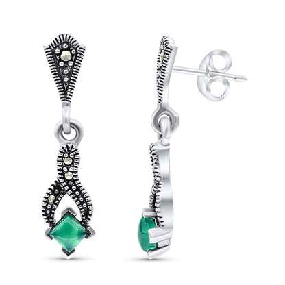 Sterling Silver 925 Earring Embedded With Natural Green Agate And Marcasite Stones