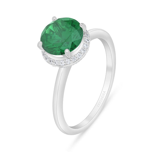 Sterling Silver 925 Ring Rhodium Plated Embedded With Emerald Zircon And White Zircon