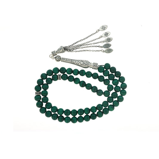 Rosary 66 Sterling Silver 925 Set Oxidized Decorated Embedded With Malachite Bead 7-8 ML LOGO
