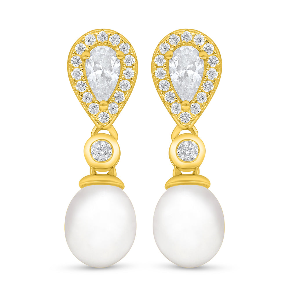 Sterling Silver 925 Earring Golden Plated Embedded With Natural White Pearl And White Zircon