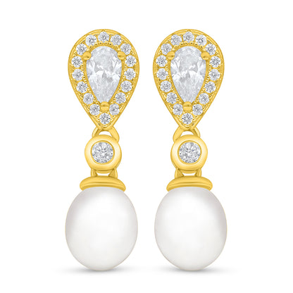 Sterling Silver 925 Earring Golden Plated Embedded With Natural White Pearl And White Zircon