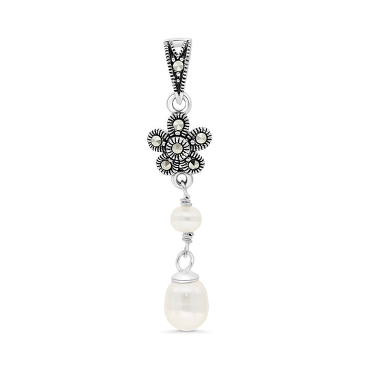 Sterling Silver 925 Pendant Embedded With White Shell Pearl And Marcasite Stones