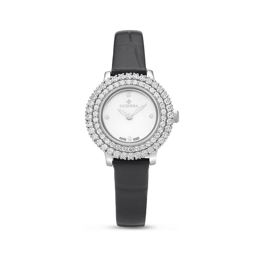 Stainless Steel 316 Watch Silver Color Black Leather Embedded With White Zircon - White MOP DIAL