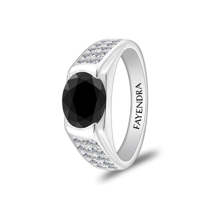 Sterling Silver 925 Ring Rhodium Plated Embedded With Black Spinal And White Zircon For Men