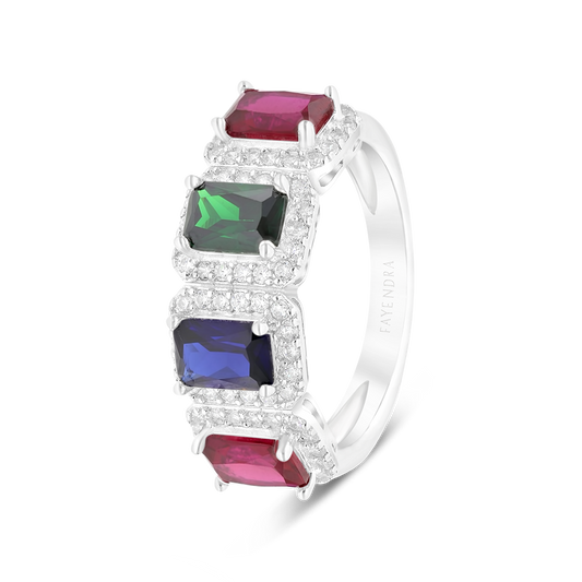 Sterling Silver 925 Ring Rhodium Plated Embedded With Multi Zircon