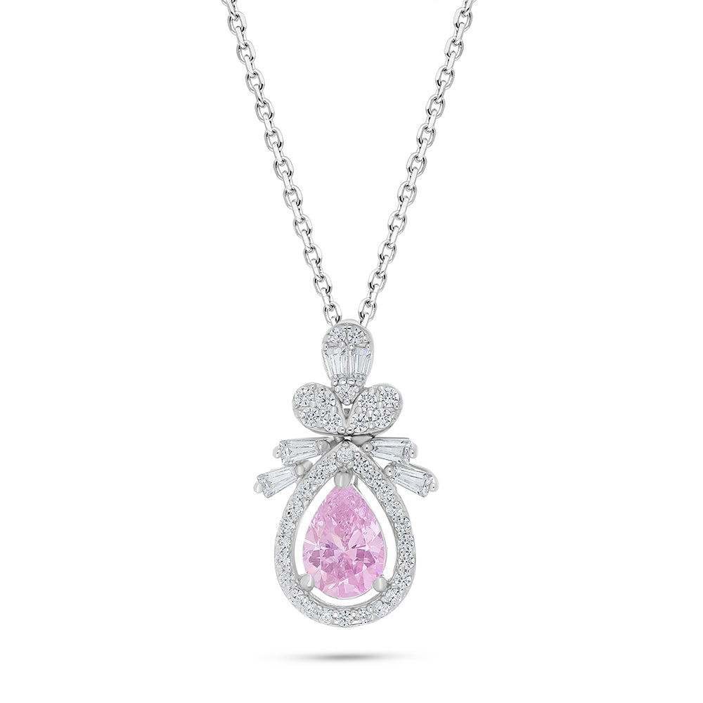 Sterling Silver 925 Necklace Rhodium Plated Embedded With Pink Zircon And White Zircon