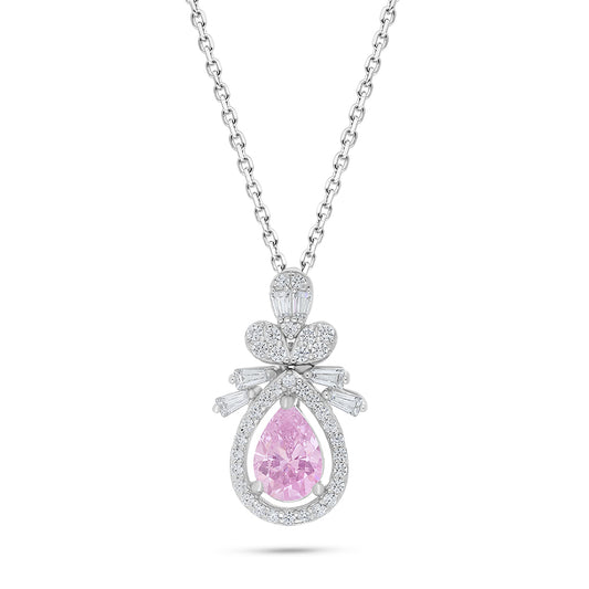 Sterling Silver 925 Necklace Rhodium Plated Embedded With Pink Zircon And White Zircon