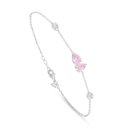 Sterling Silver 925 Bracelet Rhodium Plated Embedded With Pink Zircon And White Zircon