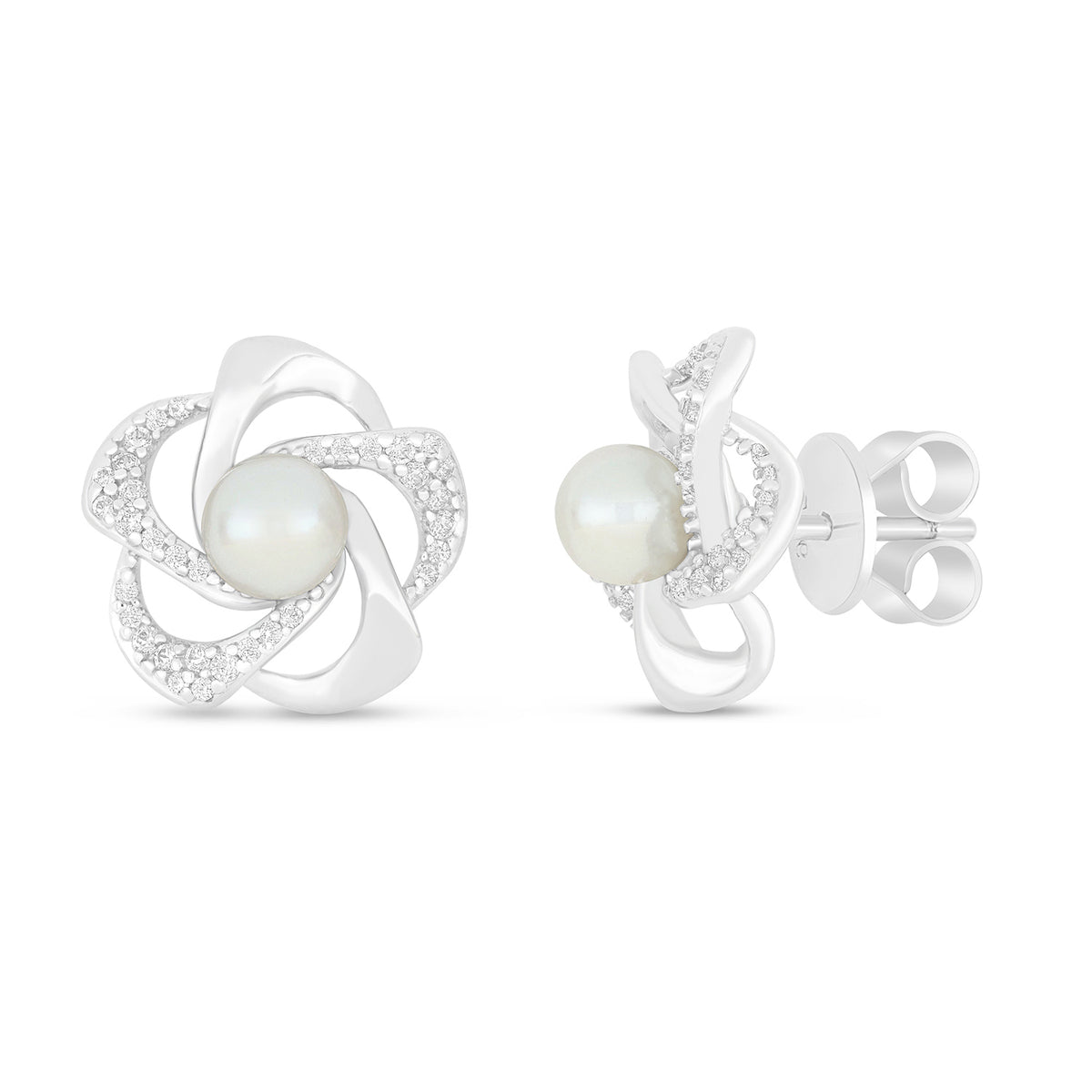Sterling Silver 925 Earring Rhodium Plated Embedded With Natural White Pearl And White Zircon