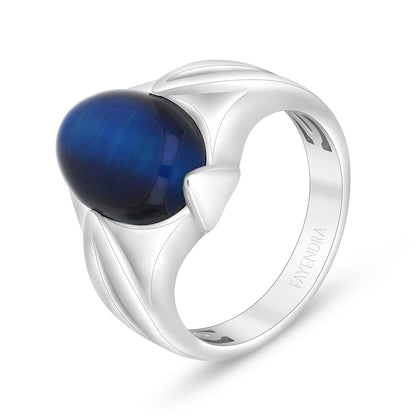 Sterling Silver 925 Ring Rhodium Plated Embedded With Cabochon Blue Tiger Eye For Men