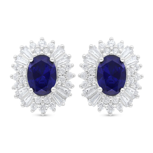 Sterling Silver 925 Earring Rhodium Plated Embedded With Sapphire Corundum And White Zircon