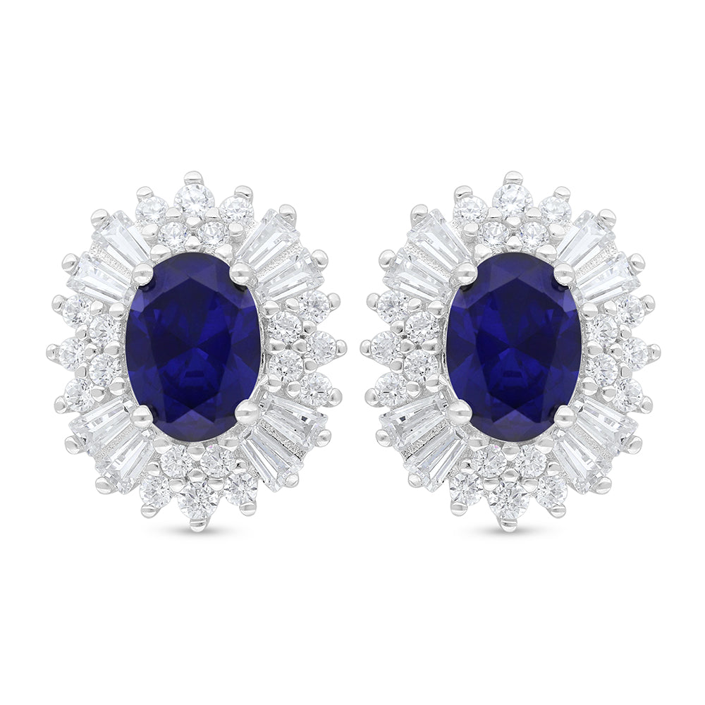 Sterling Silver 925 Earring Rhodium Plated Embedded With Sapphire Corundum And White Zircon
