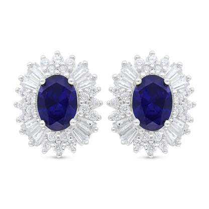 Sterling Silver 925 Earring Rhodium Plated Embedded With Sapphire Corundum And White Zircon