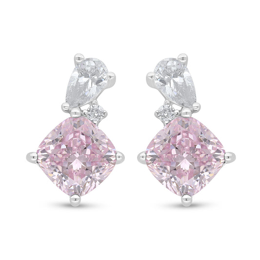 Sterling Silver 925 Earring Rhodium Plated Embedded With Pink Zircon And White Zircon