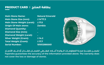 خاتم رجالي عيار 925 مطلي روديوم مرصع بحجر الزمرد الطبيعي