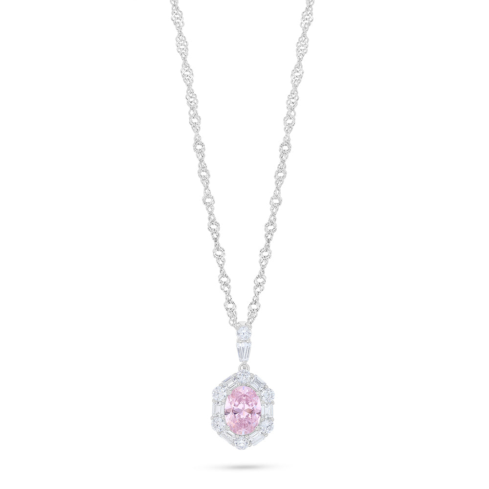 Sterling Silver 925 Necklace Rhodium Plated Embedded With Pink Zircon And White Zircon