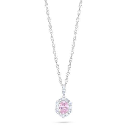 Sterling Silver 925 Necklace Rhodium Plated Embedded With Pink Zircon And White Zircon