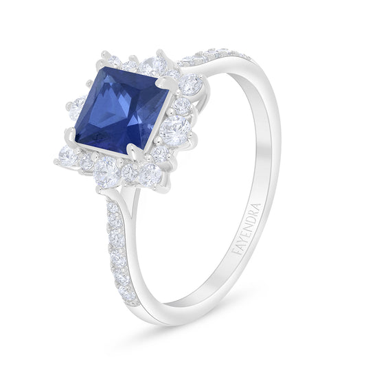 Sterling Silver 925 Ring Rhodium Plated Embedded With Sapphire Corundum And White Zircon
