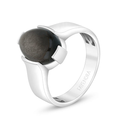 Sterling Silver 925 Ring Rhodium Plated Embedded With Cabochon Obsidian For Men