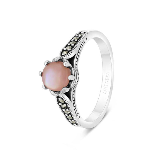 Sterling Silver 925 Ring Embedded With Natural Pink Shell And Marcasite Stones