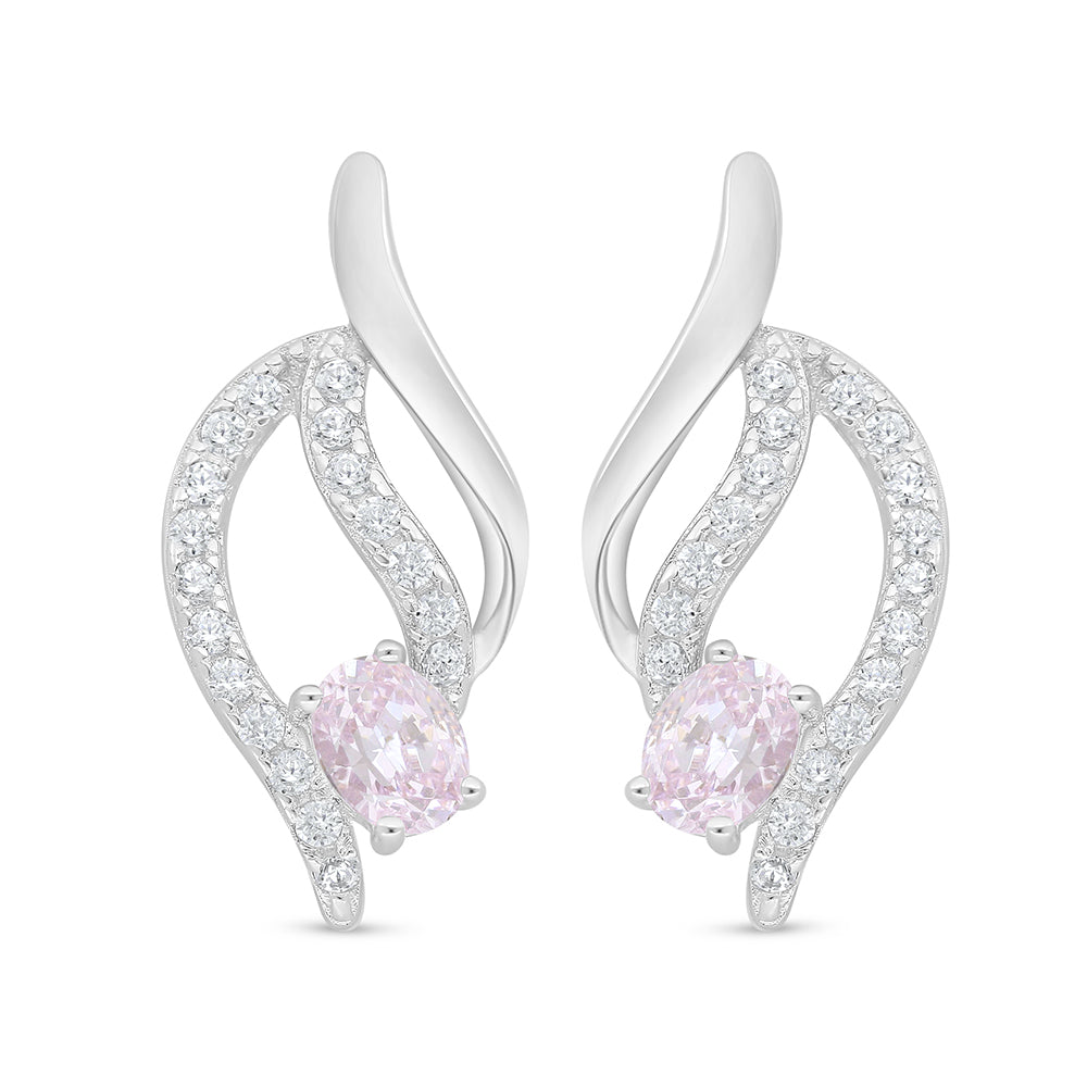 Sterling Silver 925 Earring Rhodium Plated Embedded With Pink Zircon And White Zircon